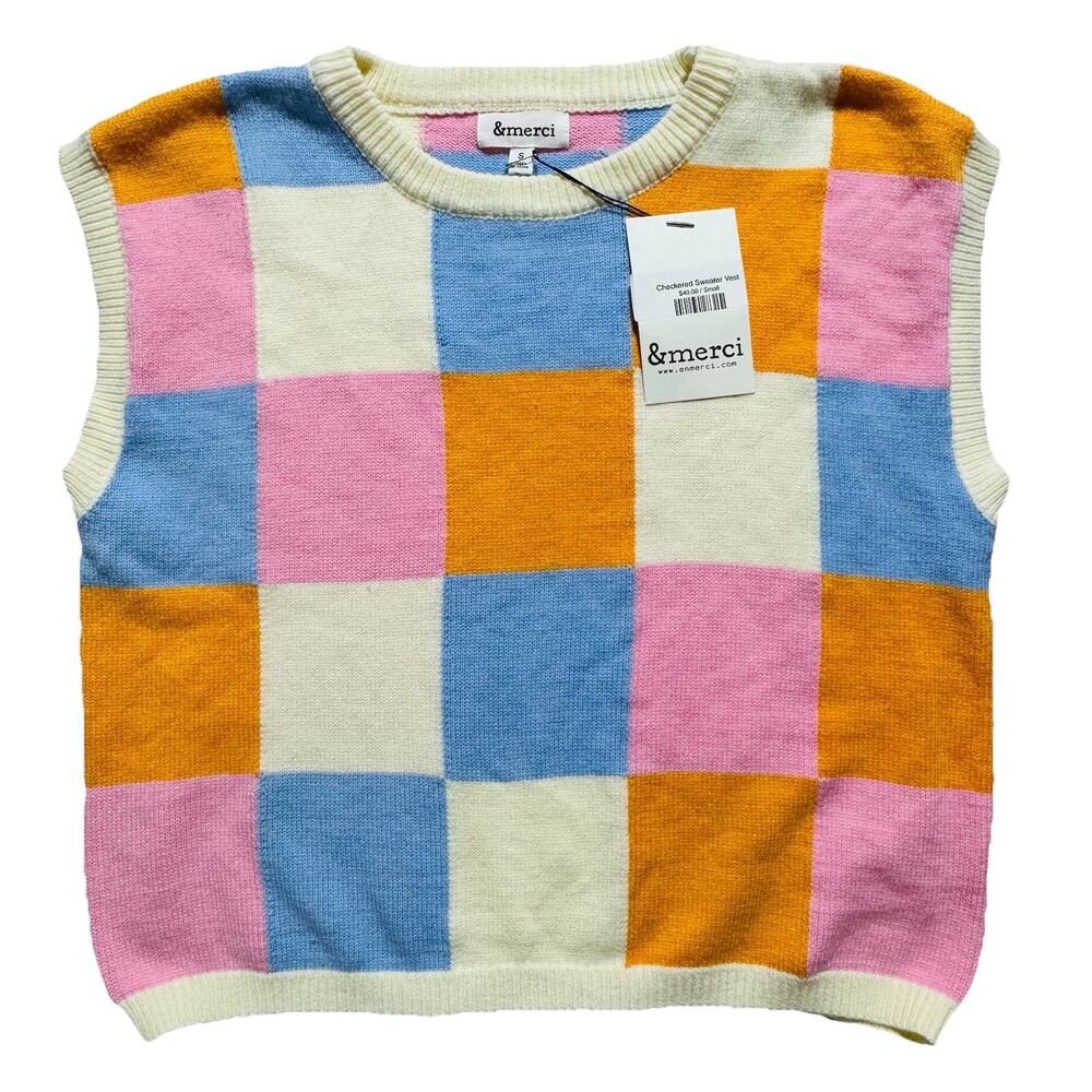 New &merci Patchwork Knitted Womens Colorful Vest Sz S Boho Artsy NWT
